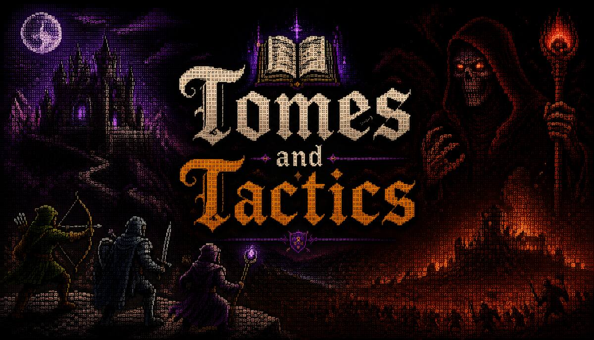 Tomes and Tactics key art: a moonlit castle, a lone mage, and heroes gathered beneath the title